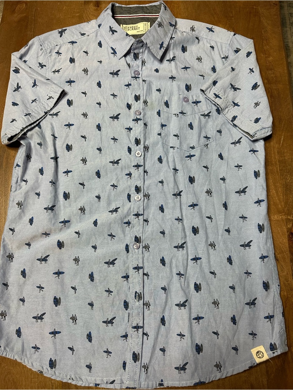 Free Planet Light Blue Short-Sleeve Button-Up Shirt with Surf Print
